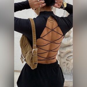 Open back lace up detail long sleeve black crop top